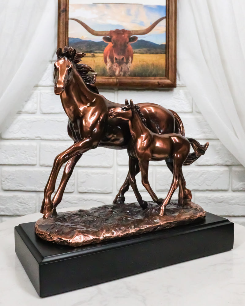 Rustic Western 2 Strolling Mare And Foal Equine Horses In Bronzed Resin Statue