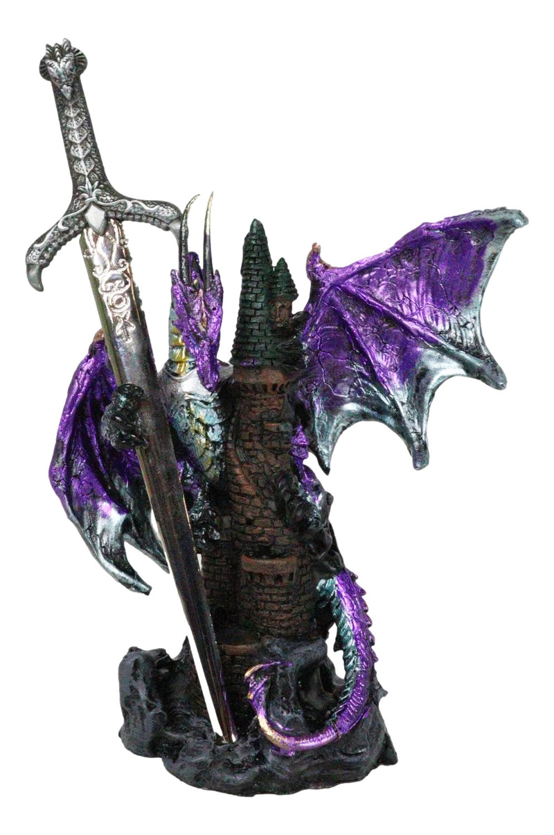 Purple Knight Dragon With Castle Tower And Gothic Sword Letter Opener Figurine