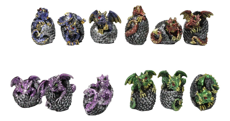 Set of 12 Metallic Red Green Purple Blue Baby Dragons In Eggs Mini Figurines