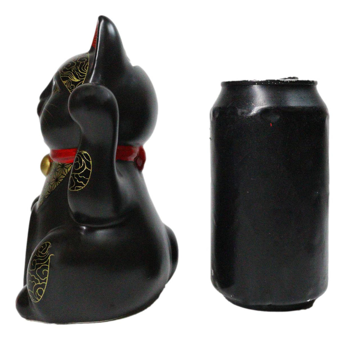 Japanese Lucky Charm Black Beckoning Cat Maneki Neko Ceramic Money Bank 6"H