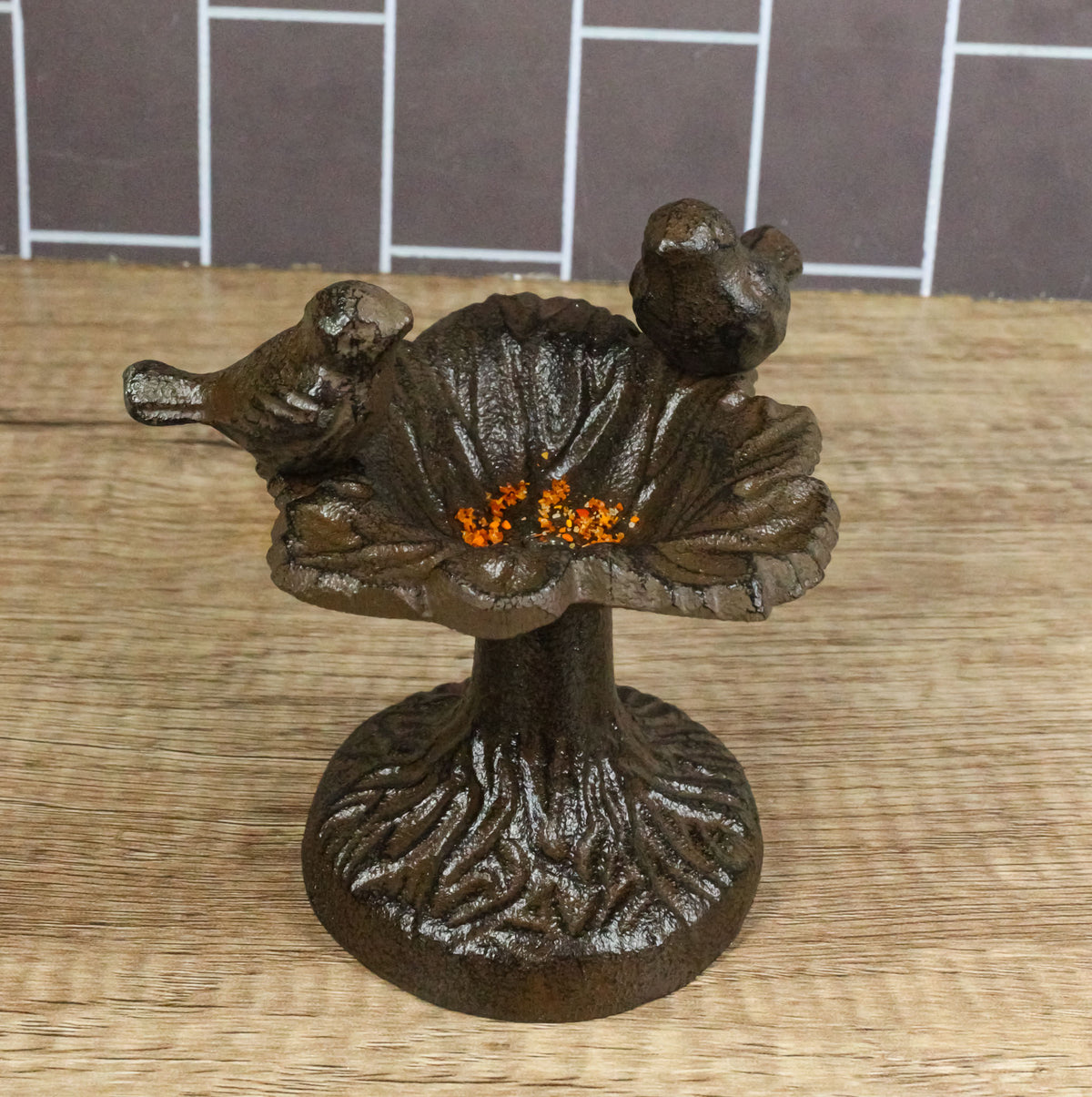 Cast Iron Rustic Whimsical Two Birds On Tree Bird Feeder Bath Small Sculpture