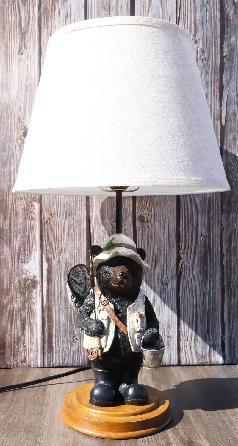 Camping Fisherman Angler Bear Going Fishing With Pole Net And Bucket Table Lamp