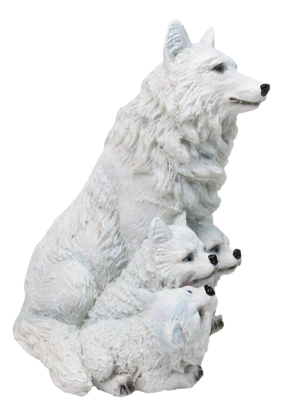 Winter Snow White Wolf Mother Sitting with 3 Adorable Cubs Family Figurine Decor
