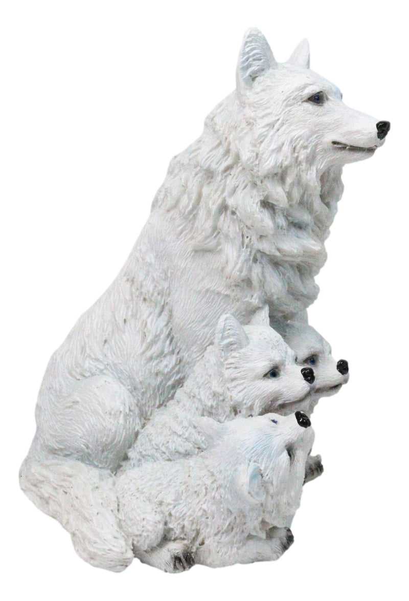 Winter Snow White Wolf Mother Sitting with 3 Adorable Cubs Family Figurine Decor