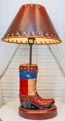 Western Floral Tooled Leather Texas State Flag Cowboy Boot Desktop Table Lamp