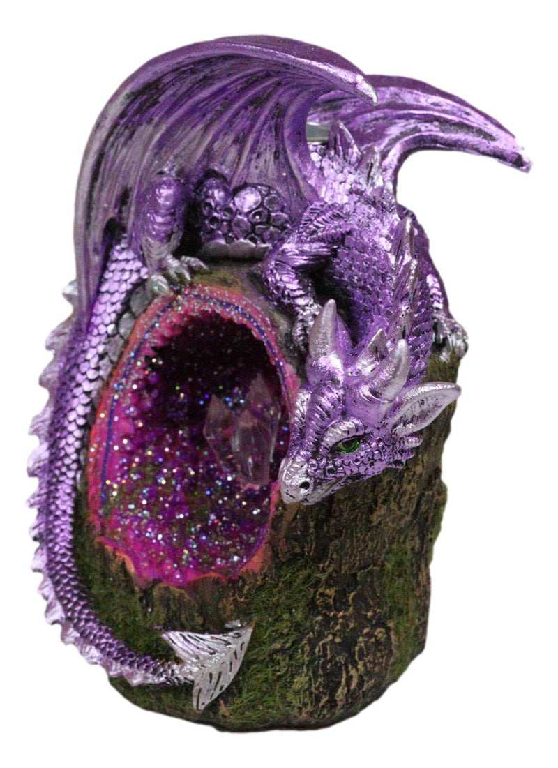 Fantasy Purple Moon Crater Dragon On Faux Geode Crystal Cove LED Light Figurine