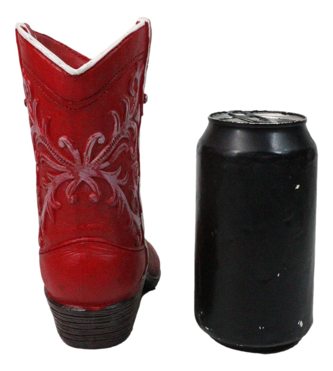 Rustic Western Floral Red Faux Leather Cowgirl Boot Vase Planter Figurine