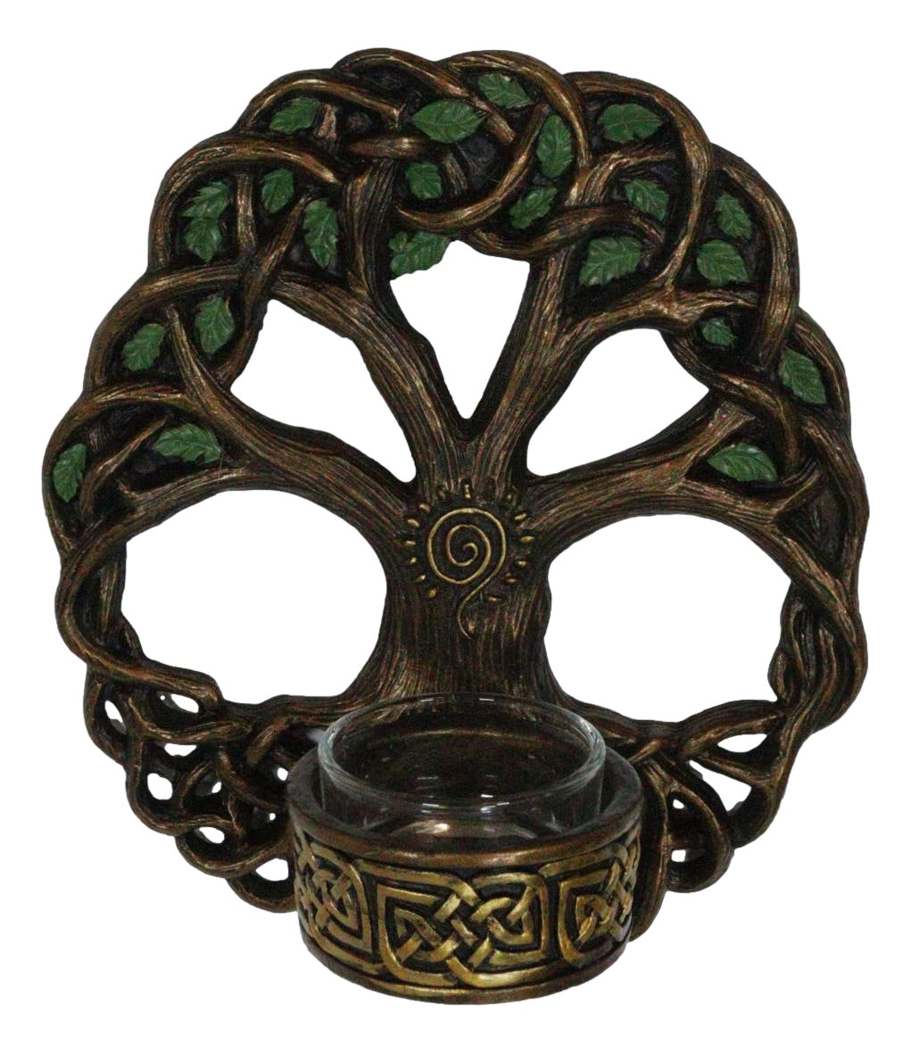 Wiccan Celtic Knotwork Tree Of Life Votive Candleholder Wall Sconce Plaque Decor - Ebros Gift