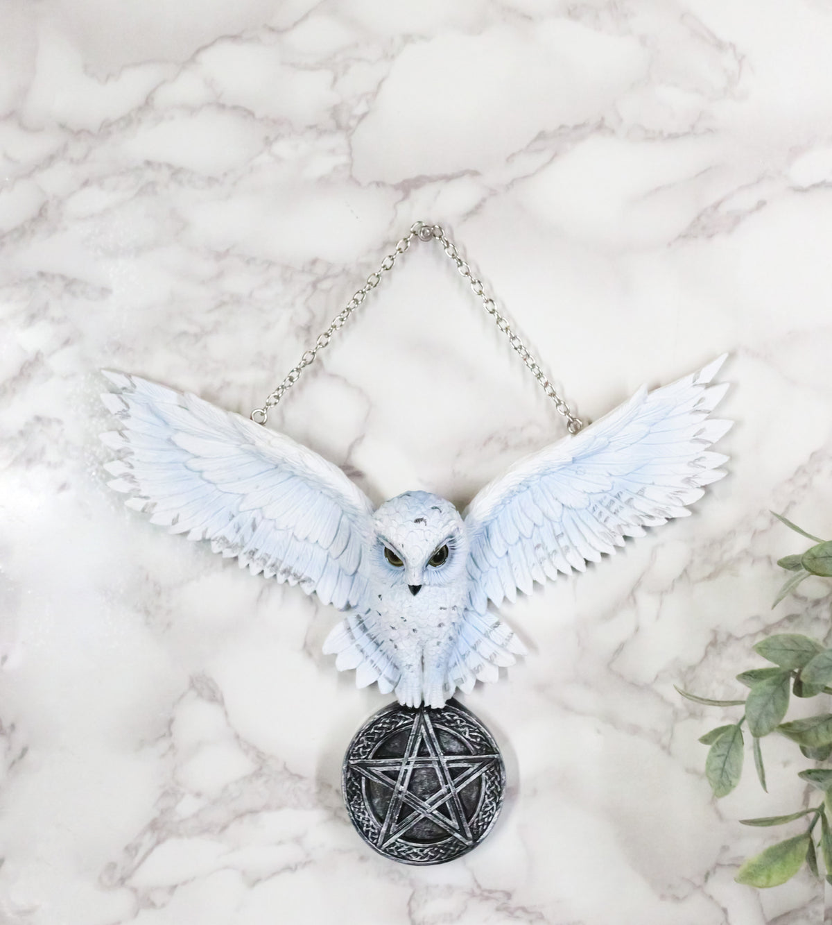 Snowy White Owl Pentagram Medallion Gothic Owl Wall Hanging Plaque 10"Long