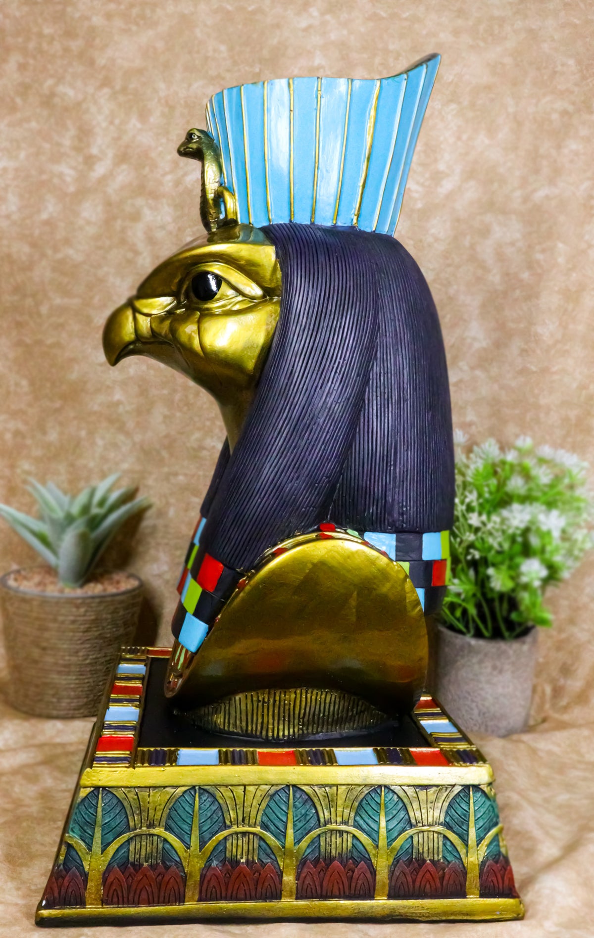 Egyptian God Of The Sky And Sun Horus Ra With Pschent Bust Statue With Base