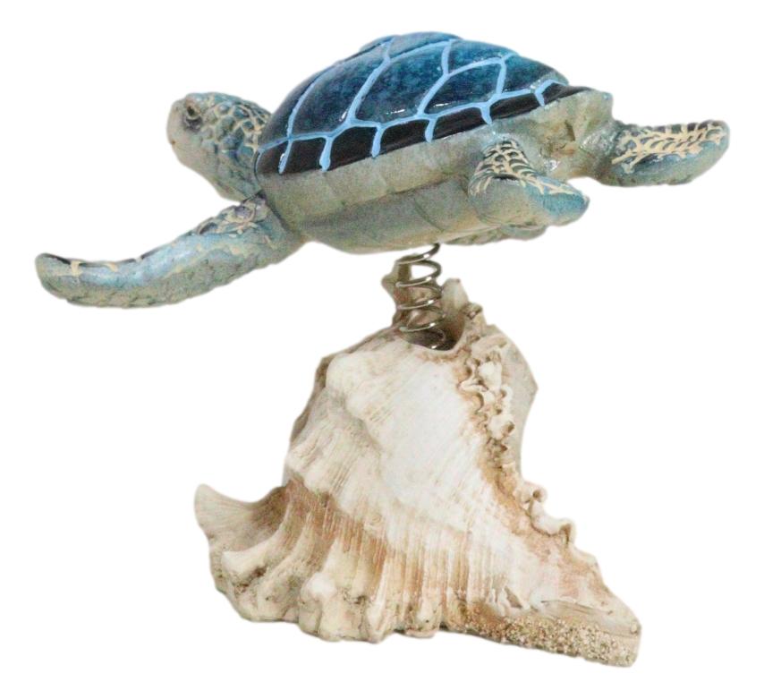 Ocean Marine Blue Sea Turtle Swimming Over Conch Shell Spring Bobble Figurine