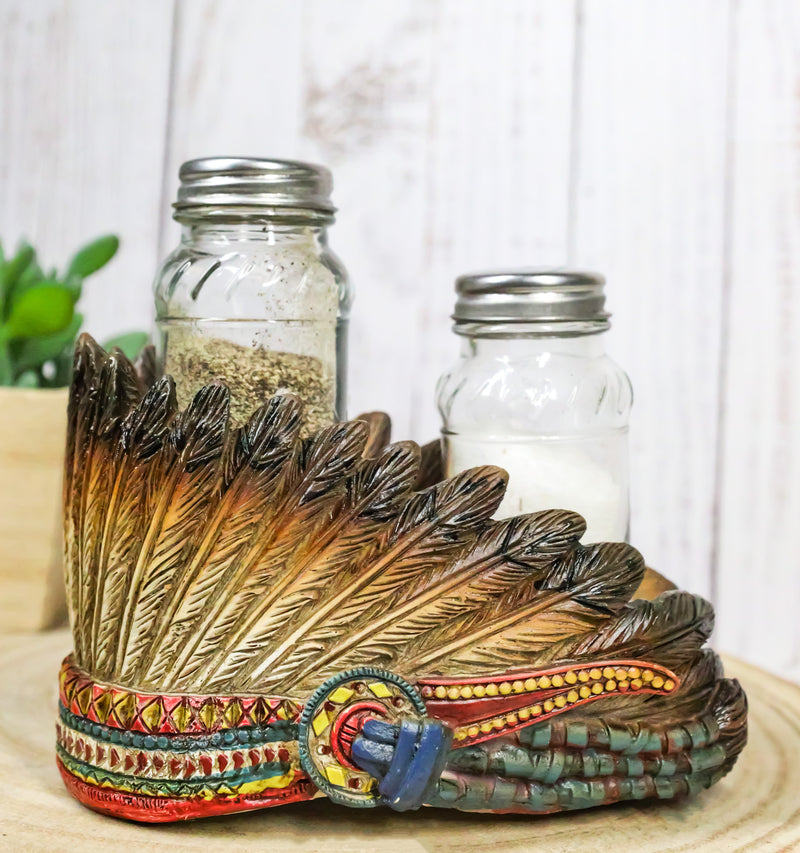Southwest Native Indian Chief Headdress Roach Salt And Pepper Shakers And Holder
