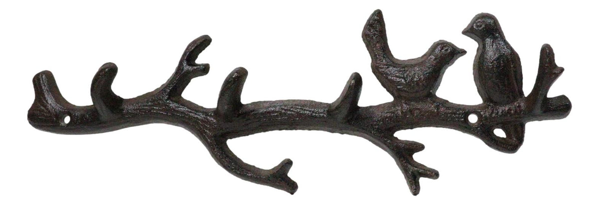 Rustic Cast Iron 2 Lovebirds On Tree Branch Multi Points Wall Hooks 12.5" Long