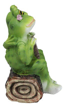Romantic Frog Couple Sitting On Log Bench Holding Welcome Plank Sign Figurine