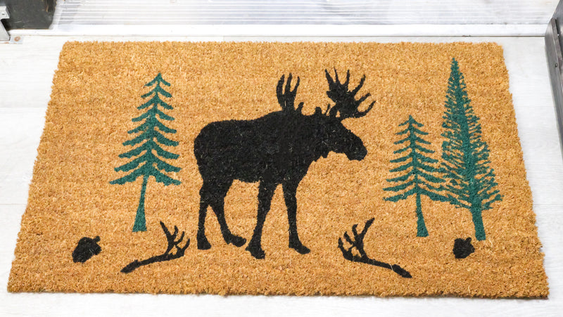 Rustic Western Moose Deer Scenic Pine Forest Coir Fiber Floor Mat Doormat 30X18