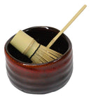 Red Brown Fire Volcano Ceramic Japanese Matcha Green Tea Bowl Whisk & Scoop Set