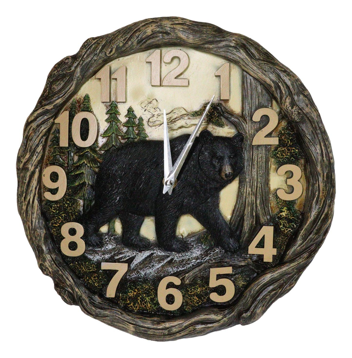 Rustic Cozy Woodland Pines Black Bear Forest Faux Wood Look Wall Clock Decor