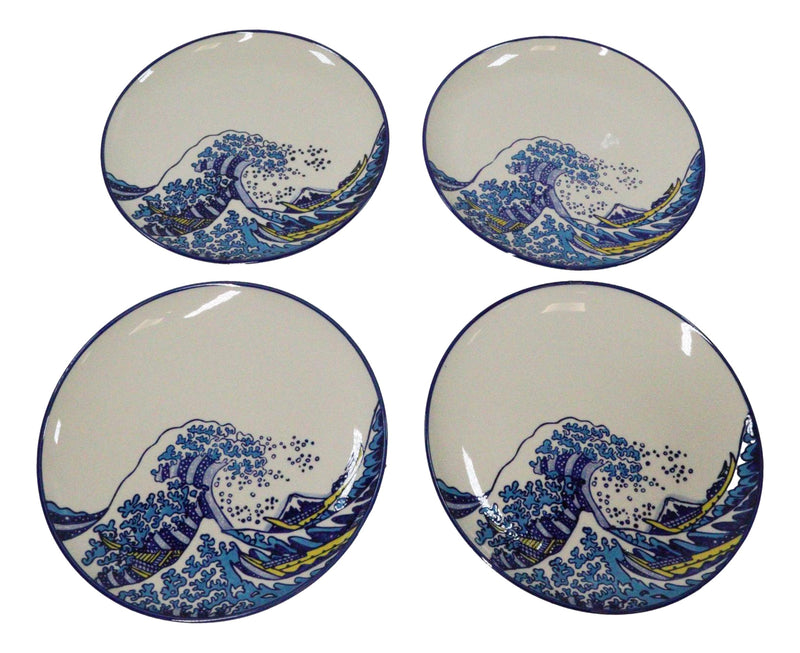 Set Of 4 Hokusai The Great Wave Of Kanagawa Mount Fuji 11"D Round Dinner Plates