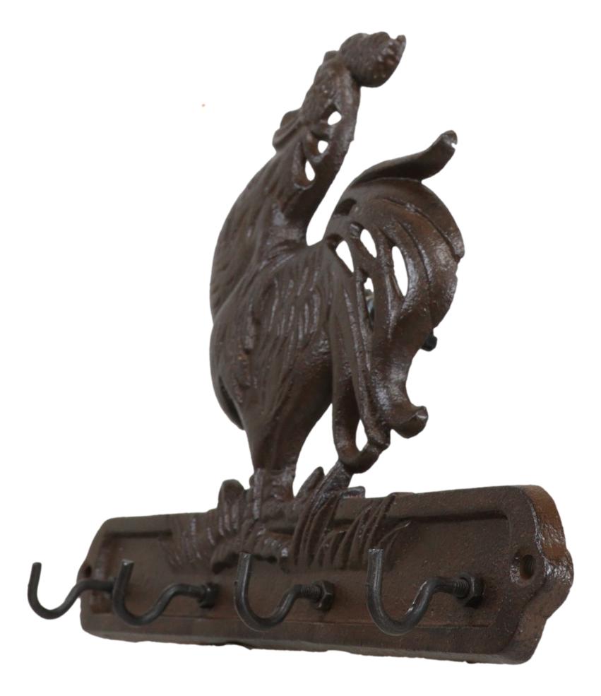 Cast Iron Rustic Farm Barn Crowing Rooster Chicken 4 Peg Quadruple Wall Hooks