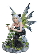Feline Fairy In Green White Striped Leggings With Black Fae Winged Cat Figurine