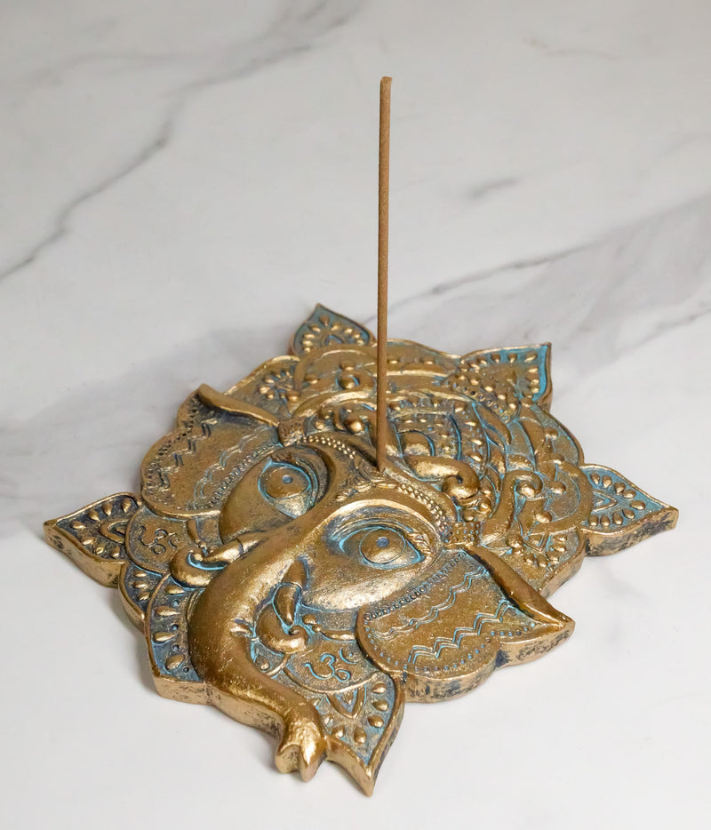 Golden Supreme Hindu God Ganapati Ganesha Head Mandala Flower Incense Holder