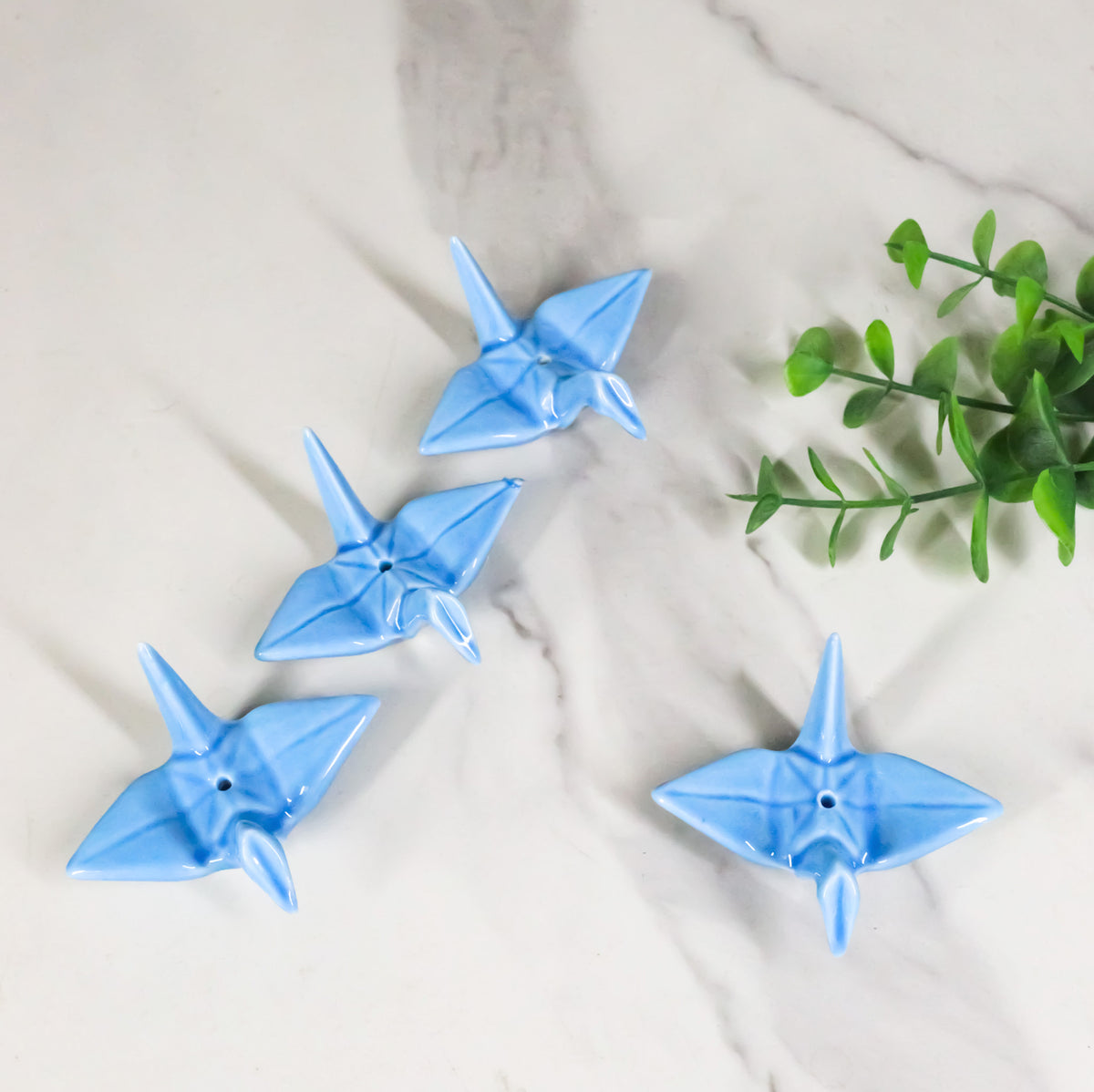 Ebros Set of 4 Ceramic Blue Japanese Origami Crane Incense Stick Holders