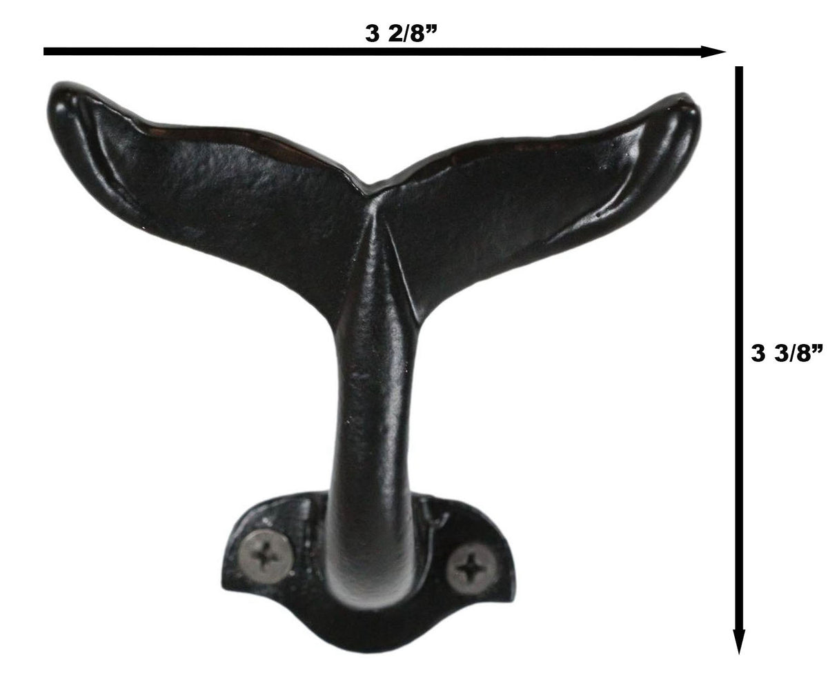 Pack Of 2 Black Cast Iron Nautical Baleen Blue Whale Tail Wall Coat Hook Hangers - Ebros Gift