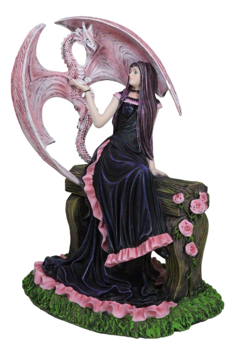 Elegant Pink Wyvern Dragon with Rose Fairy in Black Gown Sitting On Bench Statue