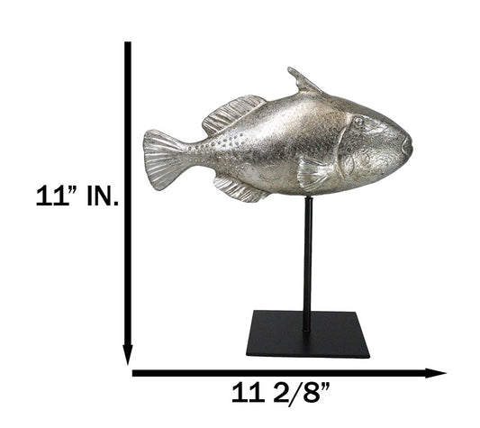 Nautical Marine Silver Tone Clown Triggerfish Fish Sculpture On Metal Pole Stand