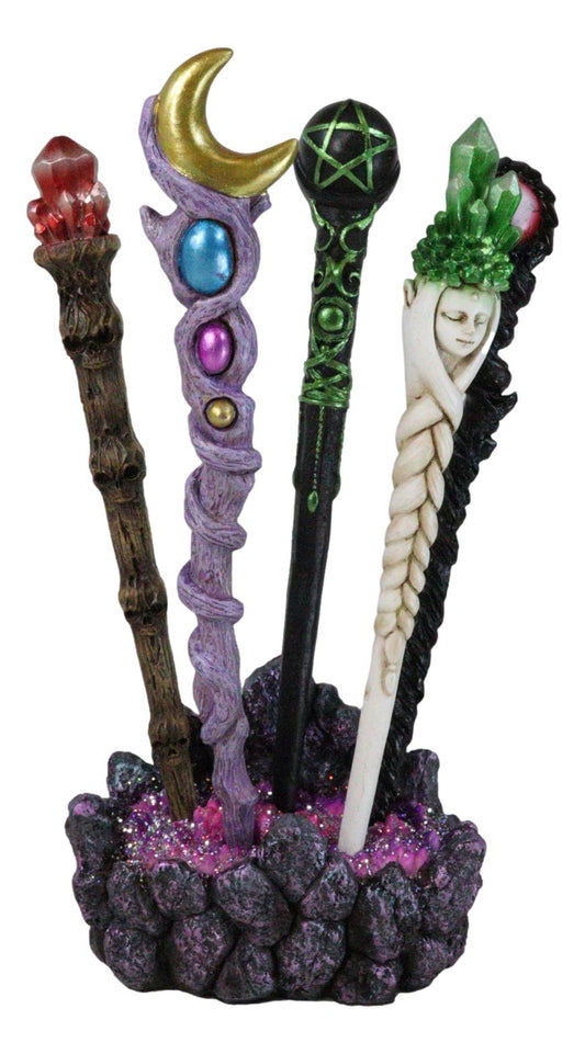 5 Assorted Wizard Magic Wands With Faux Geode Crystals Rock Holder Stand Set - Ebros Gift