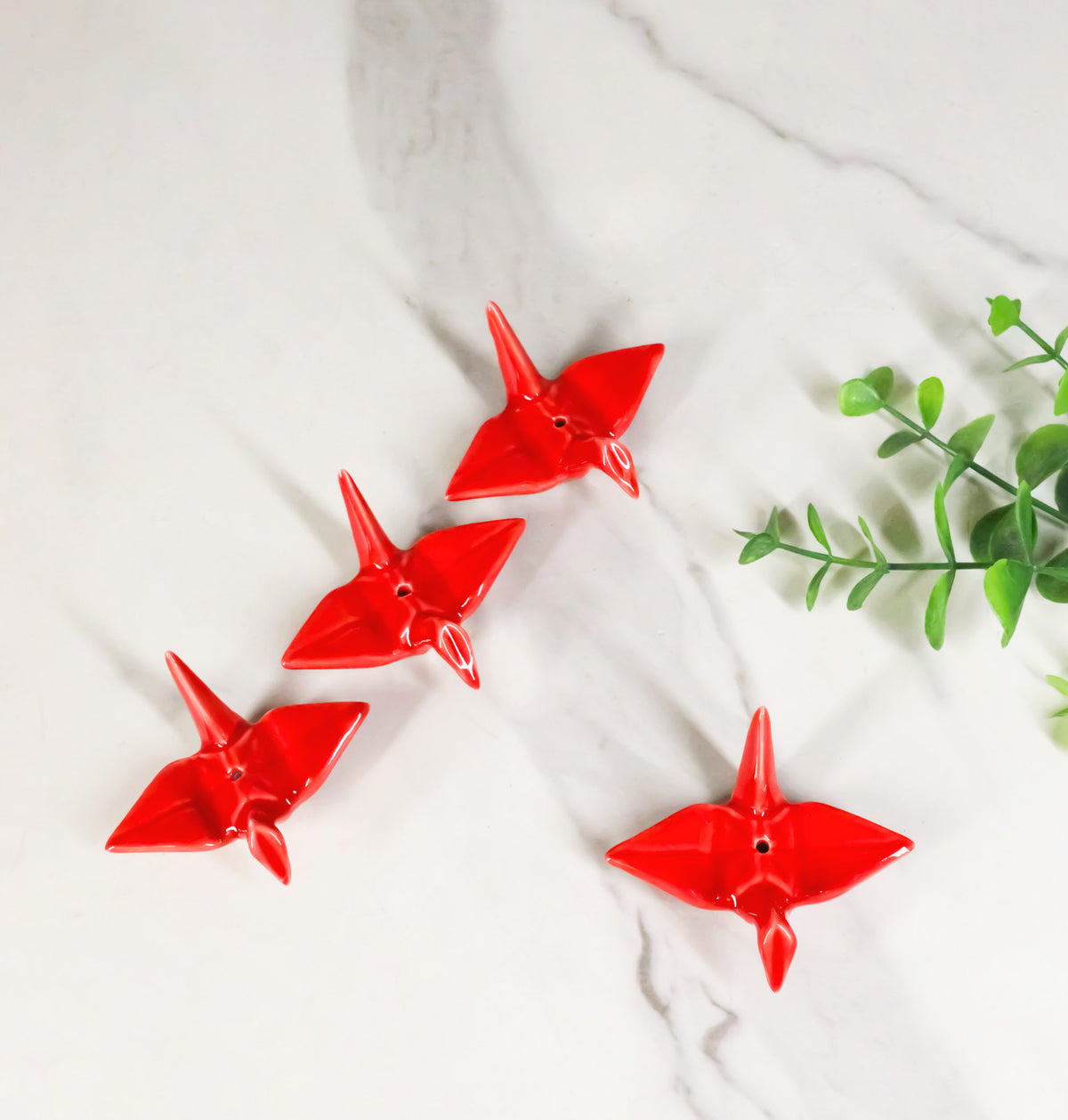Ebros Set of 4 Ceramic Red Japanese Origami Crane Incense Stick Holders