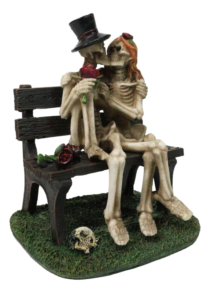Skeleton Couple with Top Hat and Wig Sitting On Park Bench With Roses Figurine