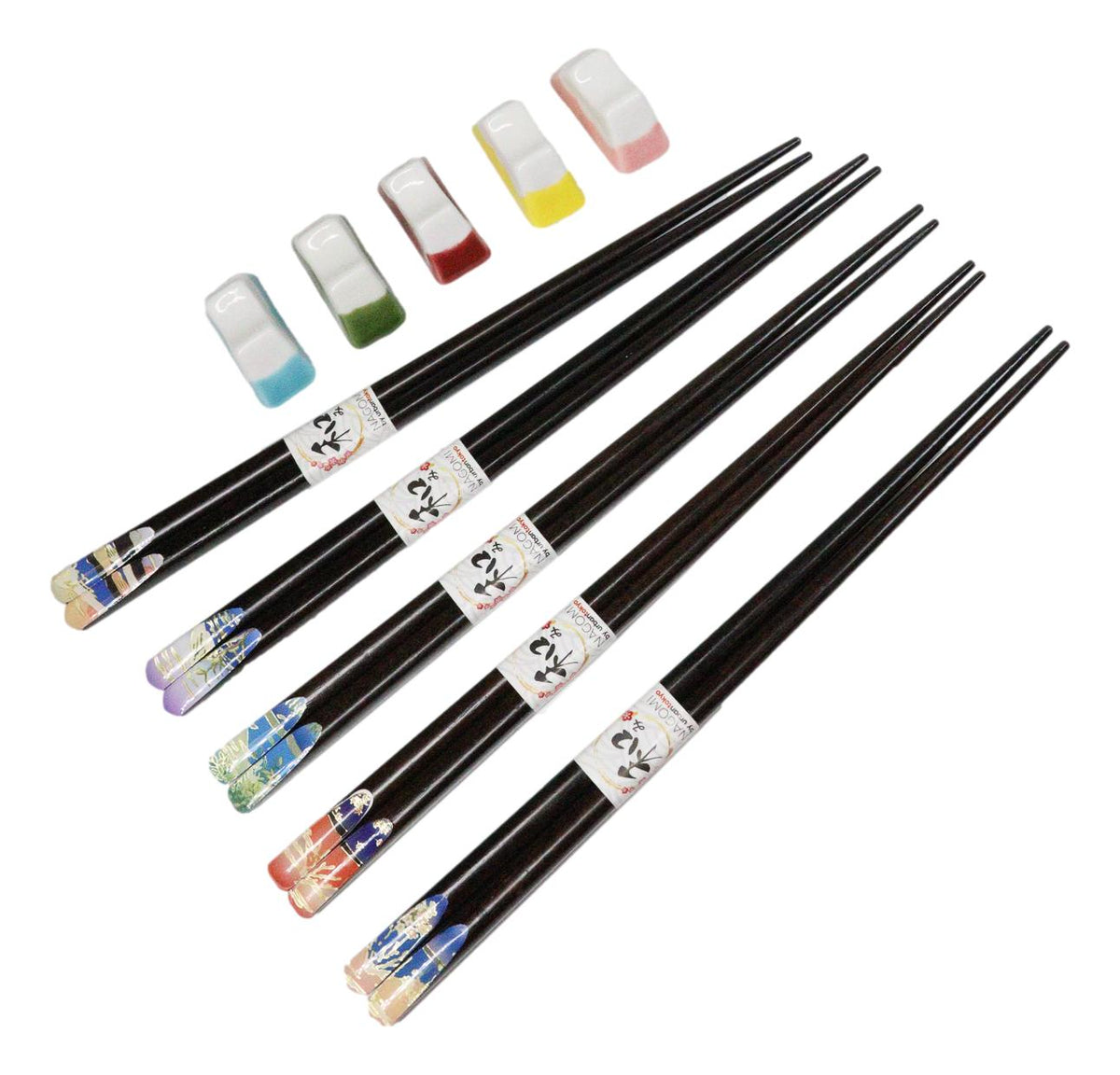 5 Pairs Of Fuji Mountain Miniature Ceramic Rests With Wooden Chopsticks Set