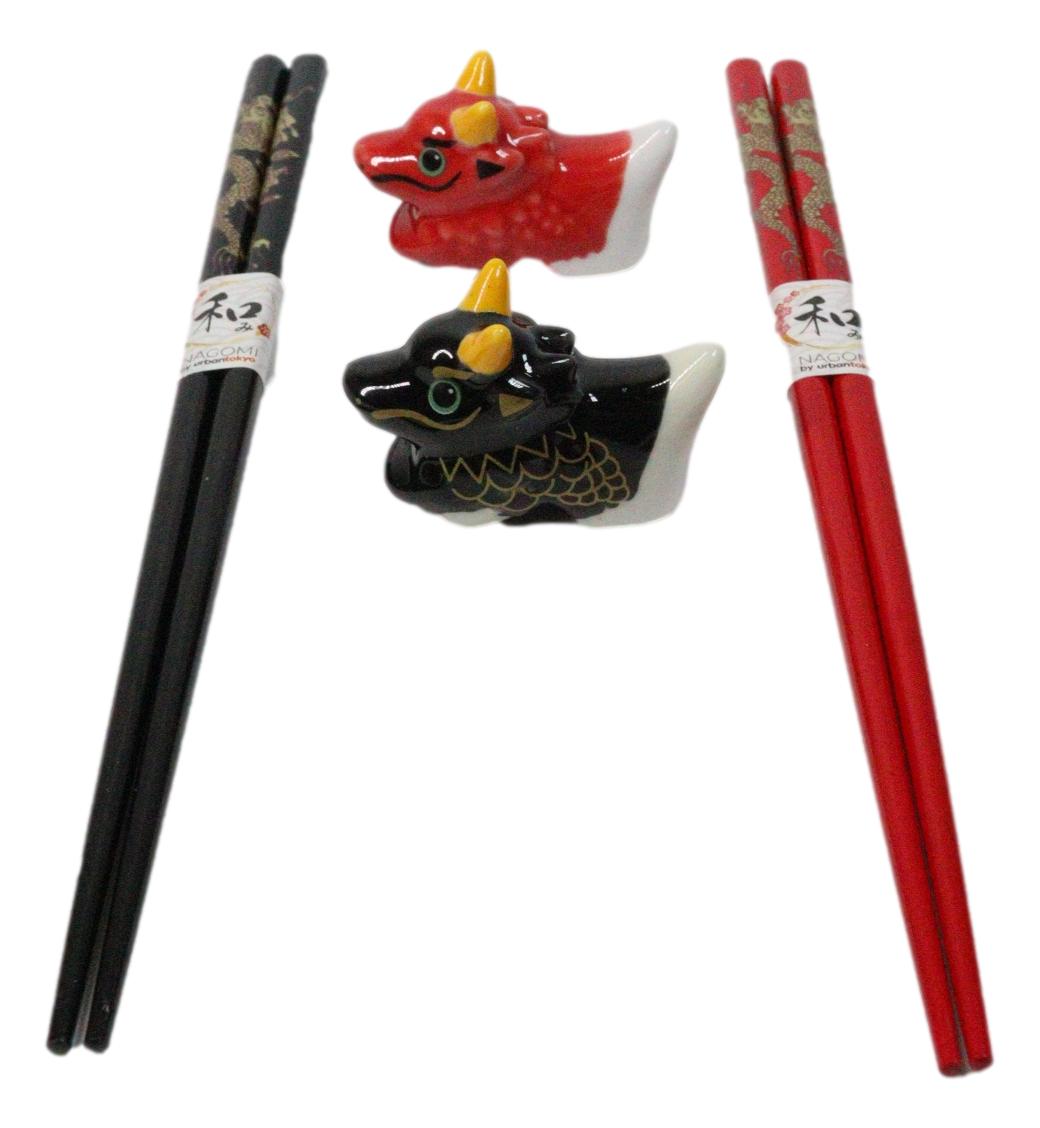 Red And Black Oriental Ryu Dragons Set of 2 Chopsticks And Ceramic Rests Set