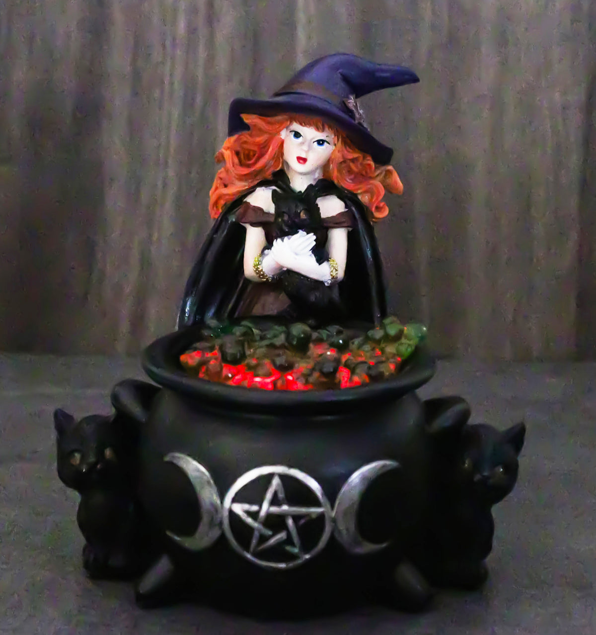 Wiccan Grand Witch Black Cat By LED Potion Bubbles Triple Moon Cauldron Figurine