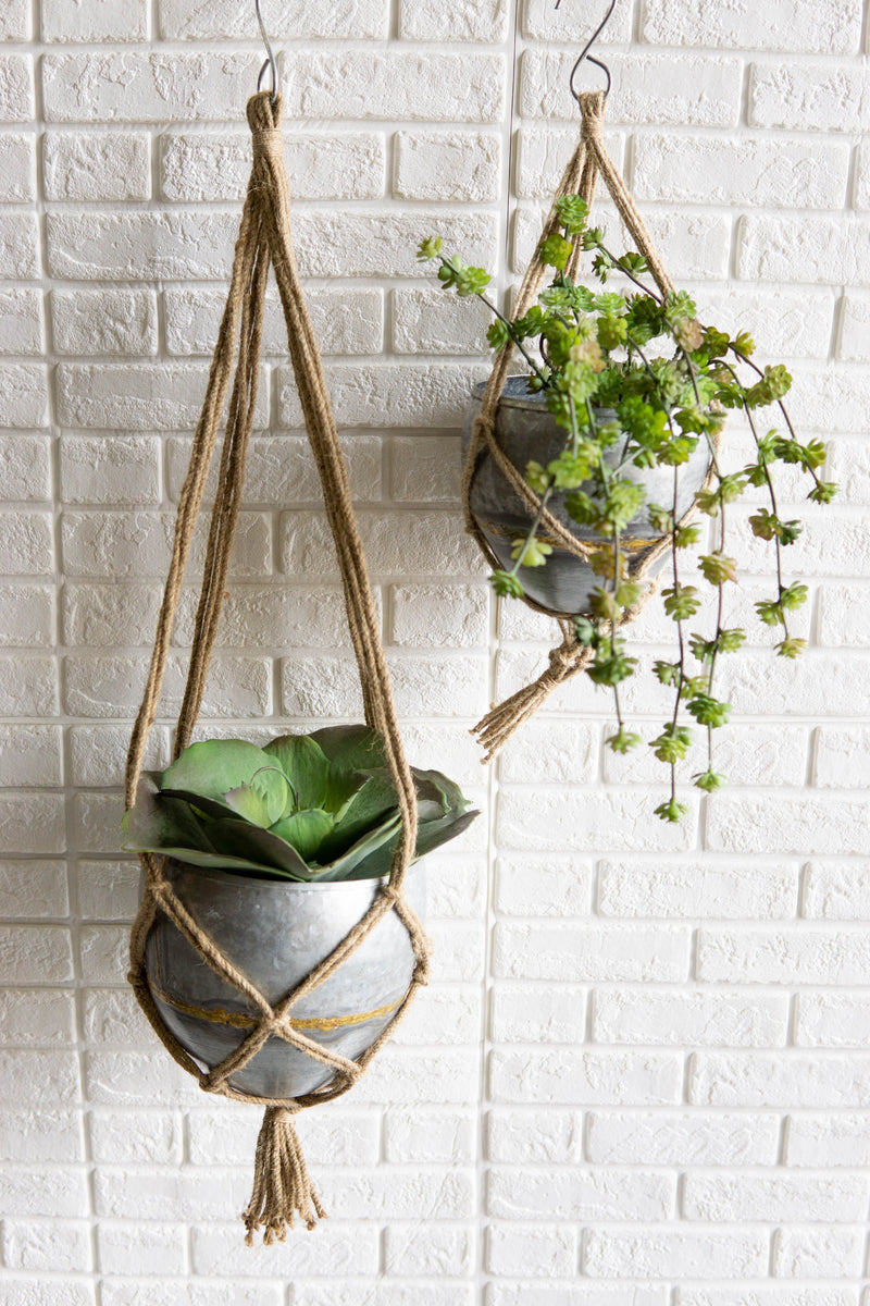 Set Of 2 Rustic Urban Farmhouse Roped Galvanized Metal Wall Hanging Pot Planters