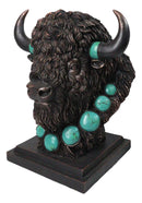 Rustic Western Buffalo Bust Figurine with Turquoise-Style Neck Ornaments & Horns