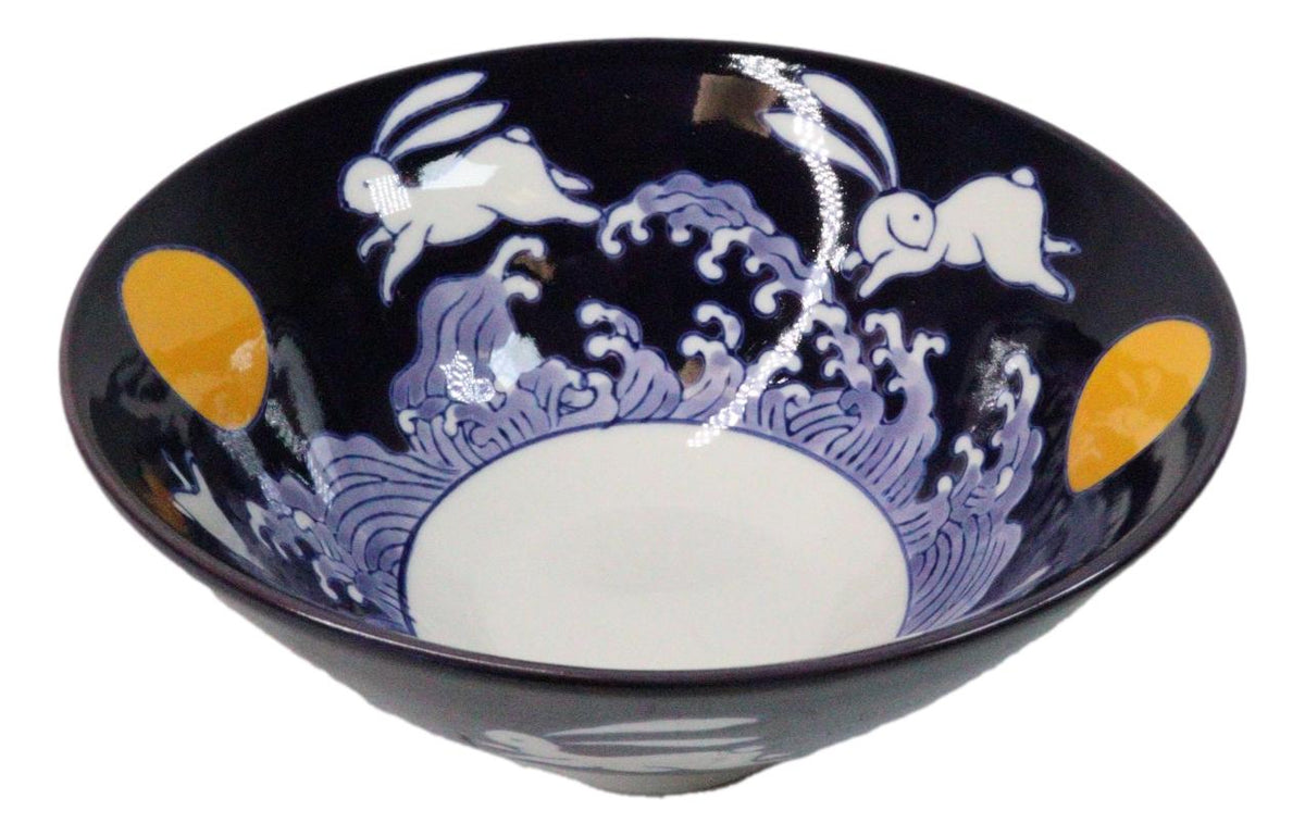 Blue Sky Moon Rabbit Ceramic Ramen Rice Bowl With Soup Spoon Chopsticks And Rest