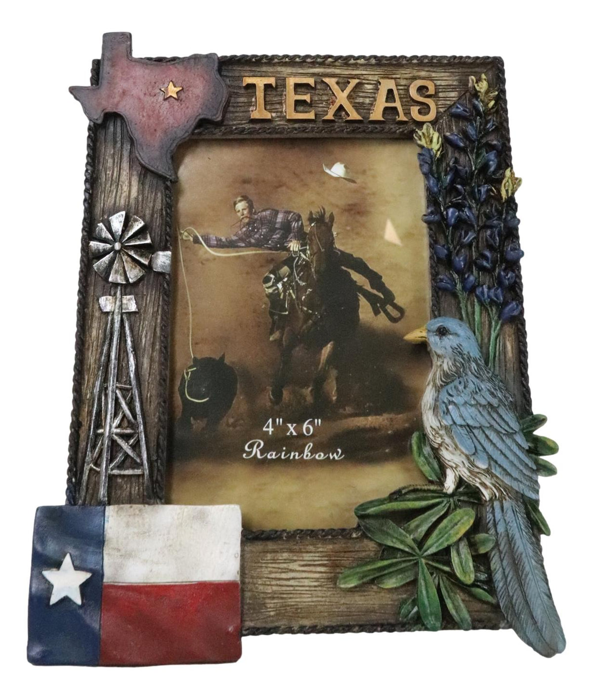 Rustic Western Patriotic Texas Mockingbird Windmill Bluebonnets Picture Frame - Ebros Gift