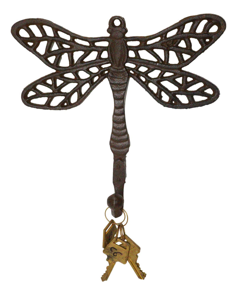 Set Of 2 Rustic Cast Iron Dragonfly with Scrollwork Filigree Wings Wall Hooks