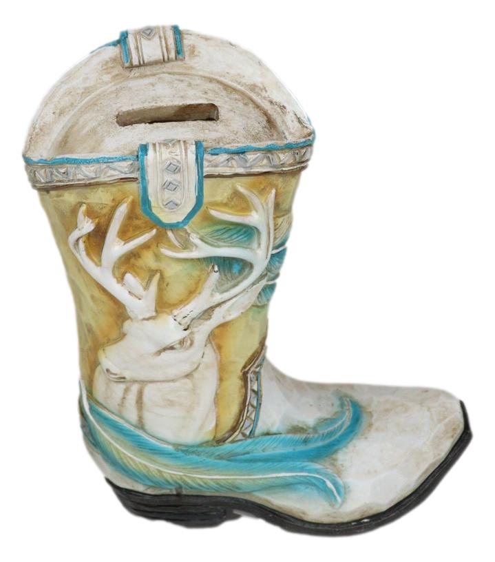 Rustic Western Elk Stag Deer Buck Antlers Feathers Cowboy Boot Money Piggy Bank