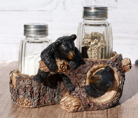 Rustic Forest 2 Black Bear Cubs Playing By Tree Logs Salt Pepper Shakers Holder