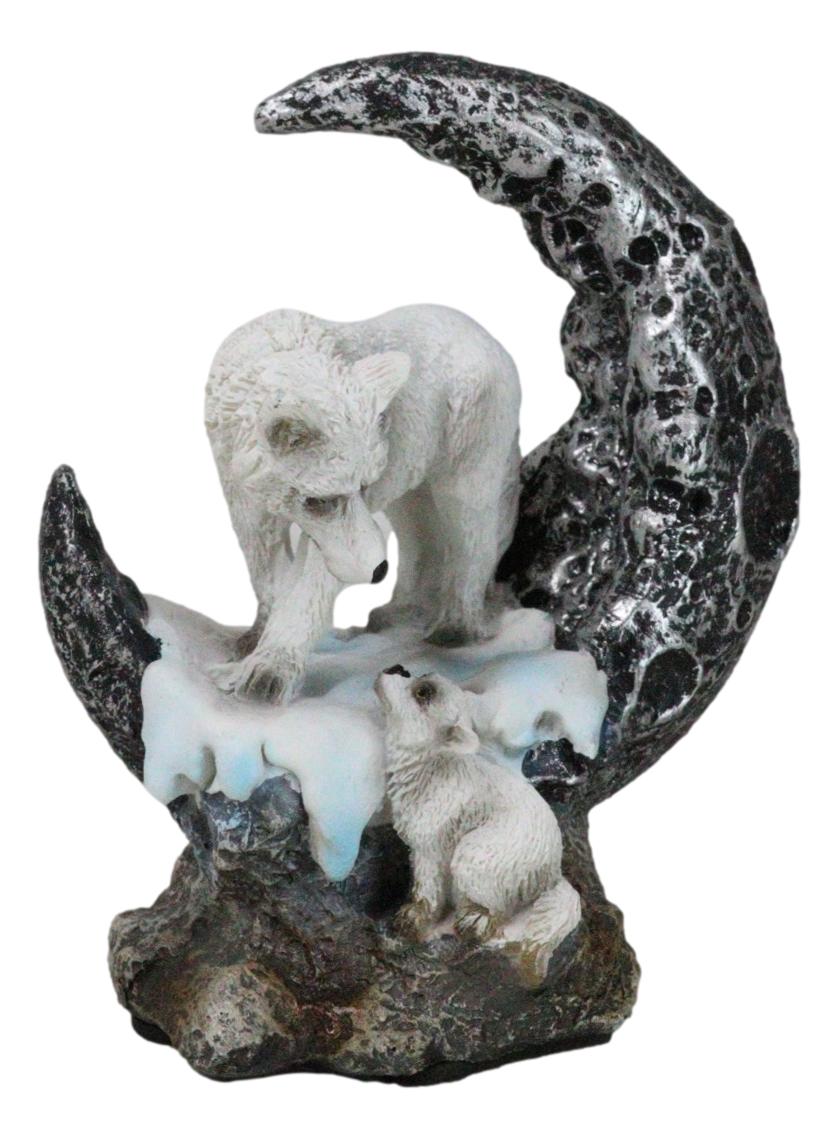 Winter Snow White Wolf Mother With Pup By Snowy Crater Crescent Moon Figurine
