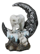 Winter Snow White Wolf Mother With Pup By Snowy Crater Crescent Moon Figurine