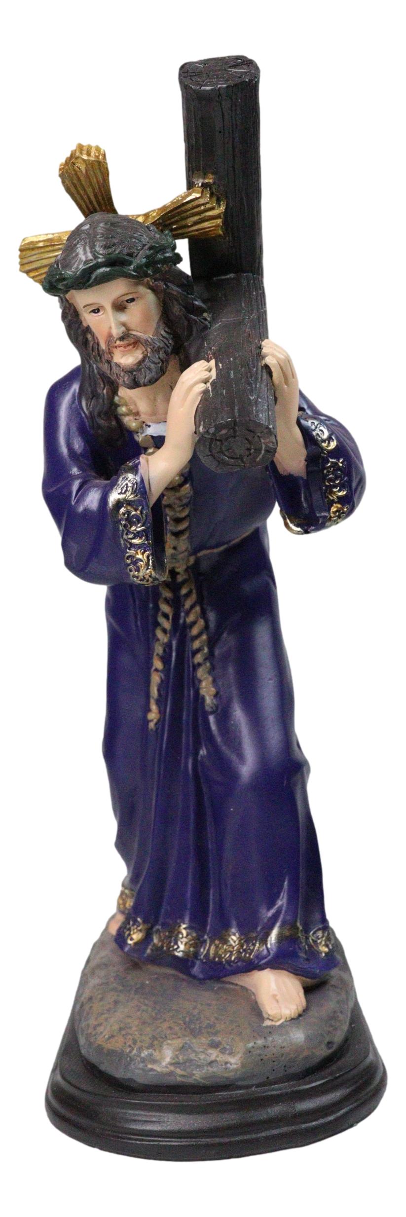 Via Dolorosa Jesus Christ in Purple Robe Carrying Cross Calvary Figurine 12" H