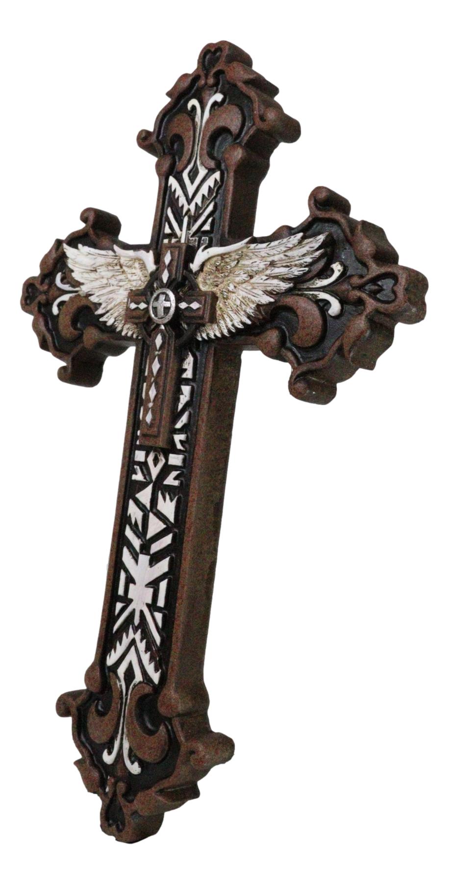 Rustic Western Mayan Aztec Ancient Symbols With Angel Wings Wall Cross Decor - Ebros Gift