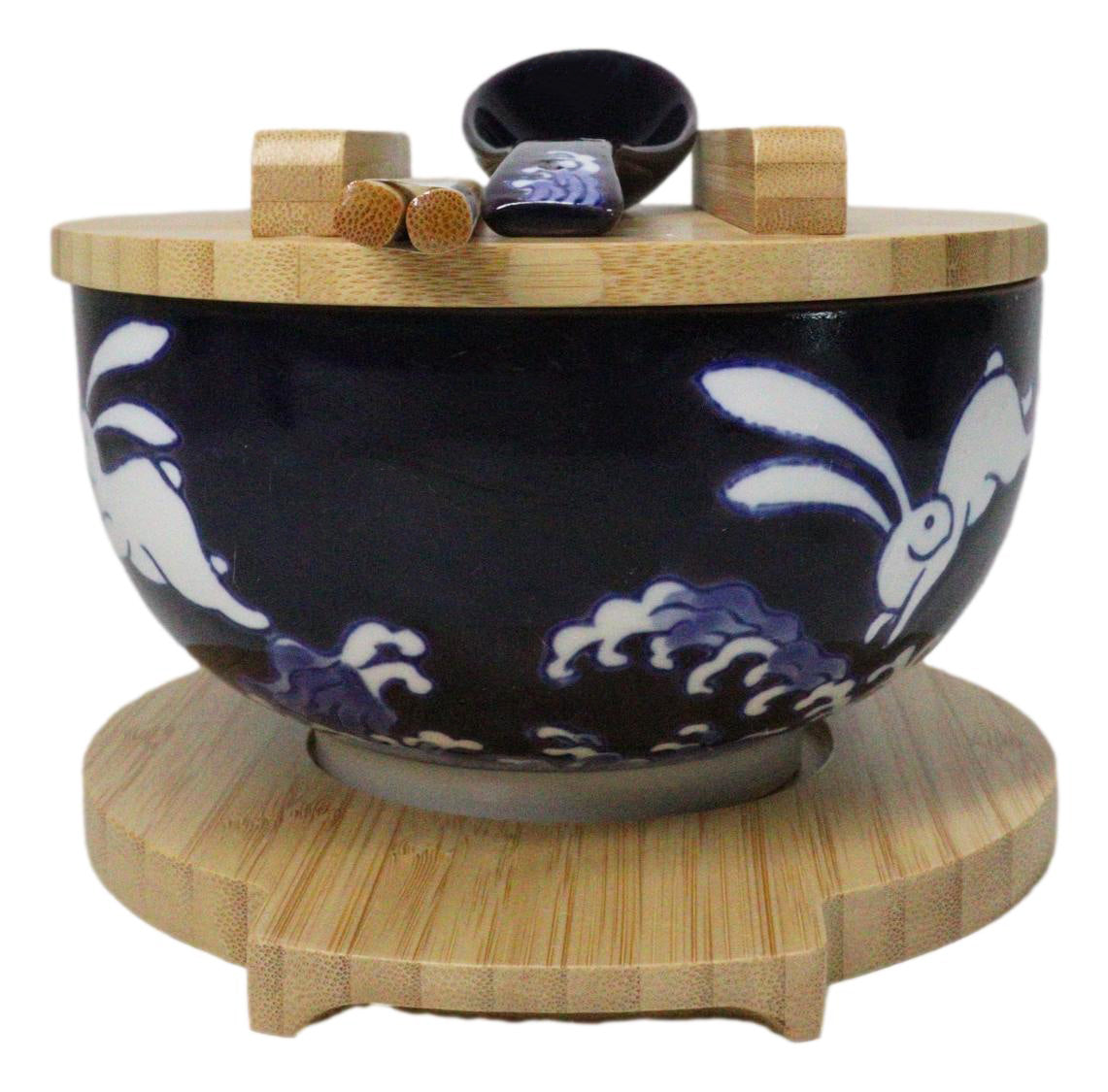 Yellow Moon White Rabbit Donburi Ramen Bowl With Lid Trivet Spoon Chopsticks Set