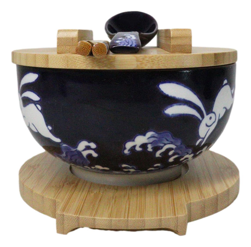 Yellow Moon White Rabbit Donburi Ramen Bowl With Lid Trivet Spoon Chopsticks Set