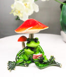 Story Time Green Frog Father Reading Book to Son By Toadstool Mushrooms Figurine