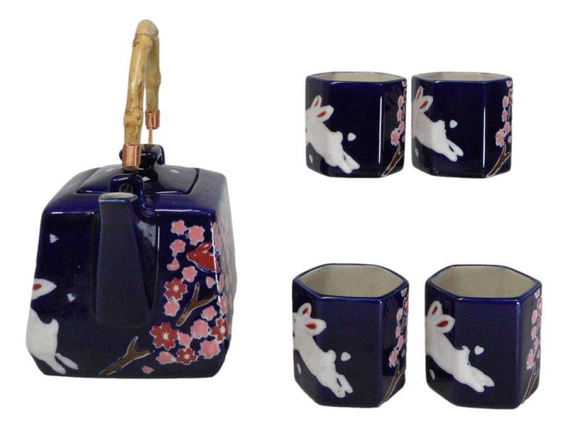 Blue Sakura Cherry Blossoms With Rabbit Hexagonal Teapot With 4 Tea Cups Set